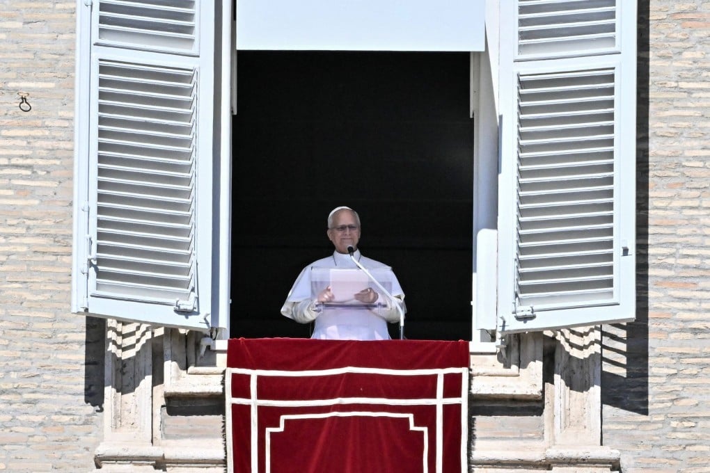 Pope Leo delivers his address during the Angelus prayer from the window of the Apostolic Palace overlooking St. Peter’s Square in the Vatican, on Sunday. The Vatican press ‌office said ‌his recovery from surgery was expected to take about a week Photo: AFP