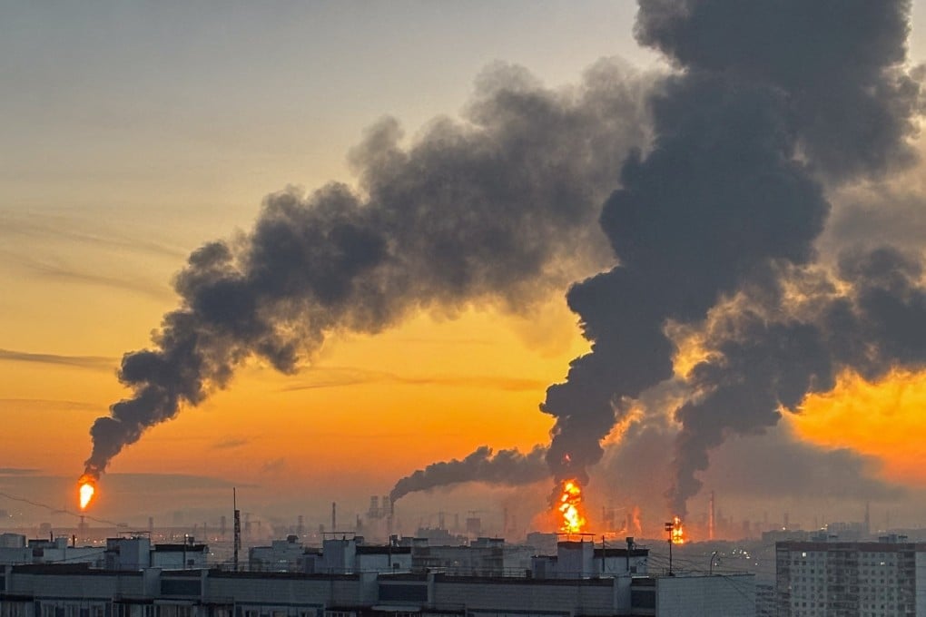 Plumes of smoke rise from fires at an oil refinery following what the authorities say is a Ukrainian drone strike in Moscow, Russia, in September. Photo: Reuters