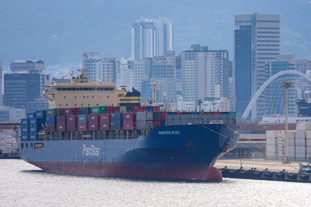 The container ship Panstar Acro is seen docked at the port of Busan in South Korea on Sunday. Photo: Yonhap/AFP