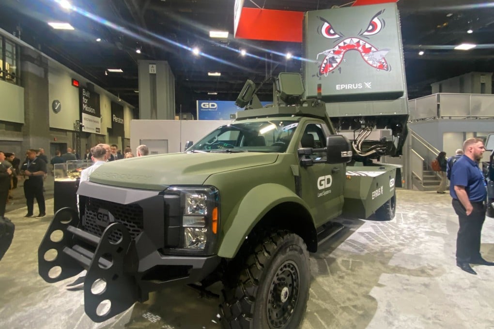 The Leonidas GV, a mobile defence system to counter drones developed by General Dynamics and Epirus, on show at the AUSA exhibition in Washington. Photo: Seong Hyeon Choi
