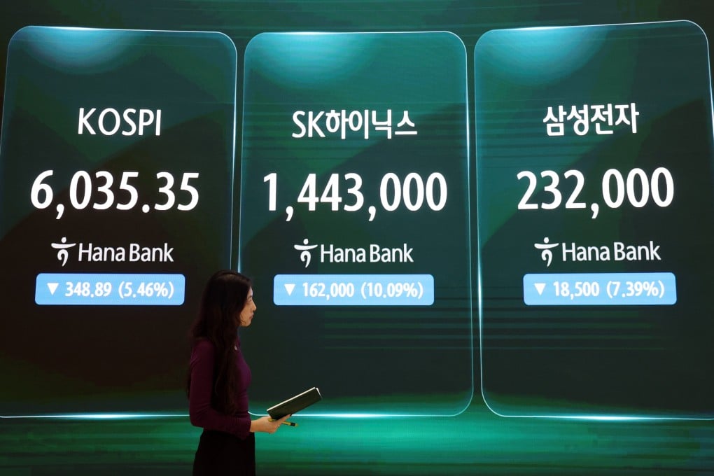 A financial data screen in the dealing room of Hana Bank shows market prices of the benchmark Kospi, SK Hynix and Samsung Electronics in Seoul, South Korea, on Tuesday. Photo: EPA