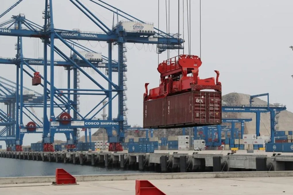 A container is lifted at the Chinese-funded Chancay port in Peru. A proposed port farther south has attracted interest from Chinese and other foreign investors. Photo: AP