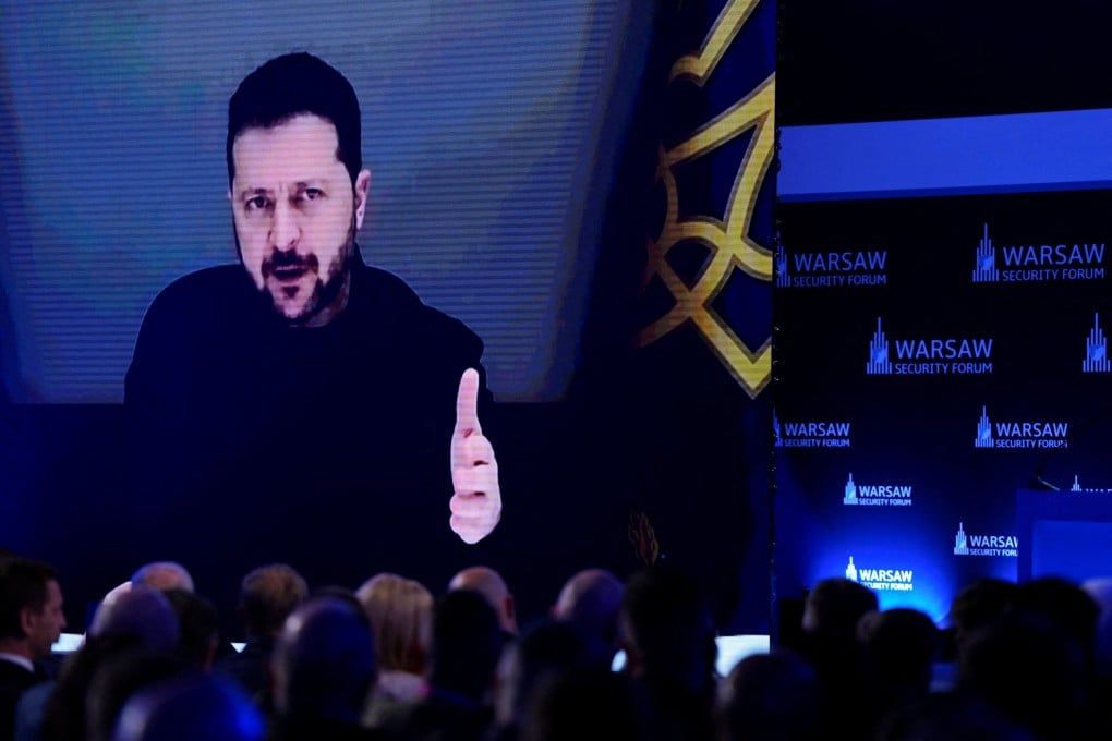 Ukrainian President Volodymyr Zelensky addresses attendees via video link at the Warsaw Security Forum in Poland on October 2. Photo: Reuters