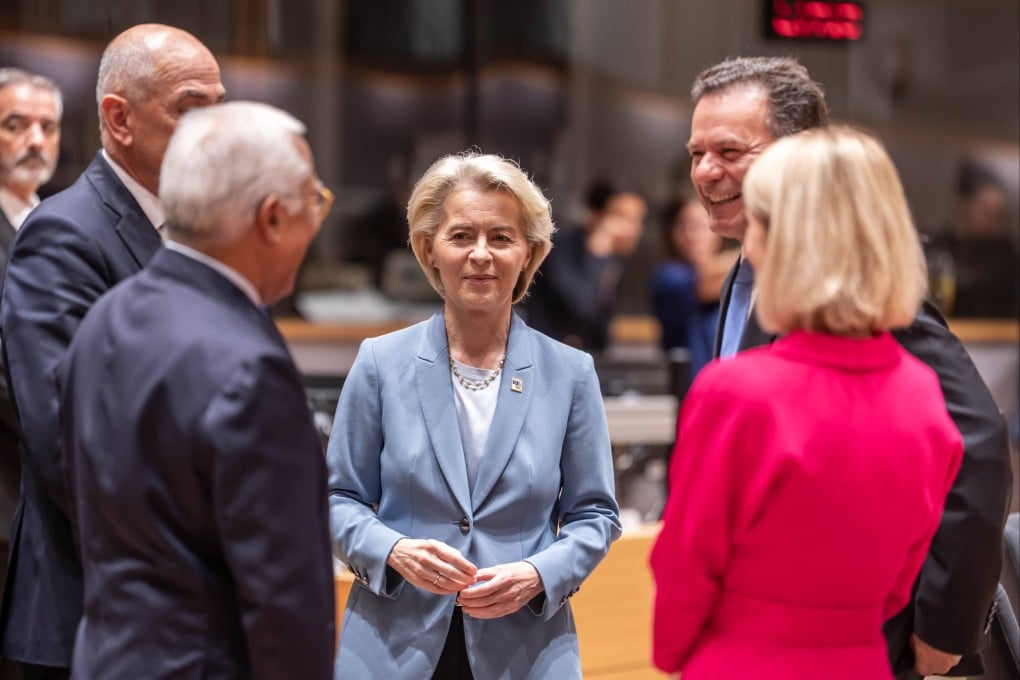 European Commission President Ursula von der Leyen (centre) awaits the start of the European Council summit in Brussels on Thursday. Photo: dpa