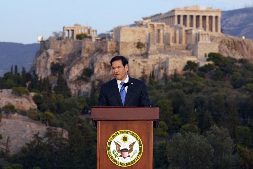 US Secretary of State Marco Rubio speaks at Pnyx hill, where ancient Athenians held democratic assemblies, with the ancient Parthenon temple atop the Acropolis seen in the background, in Athens on October 7. Photo: AFP