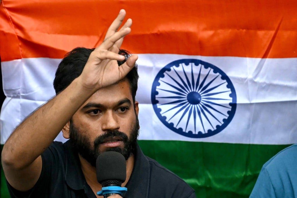 Cockroach Janta Party founder Abhijeet Dipke speaks at a news conference in New Delhi on Thursday, a day before his detention. Photo: AFP