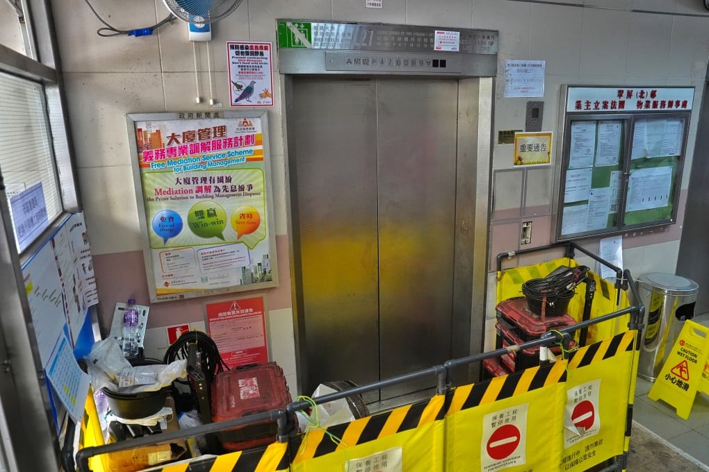 An elevator is cordoned off at Kwun Tong's Tsui Ping (North) Estate, one of the affected buildings. Photo: Elson Li
