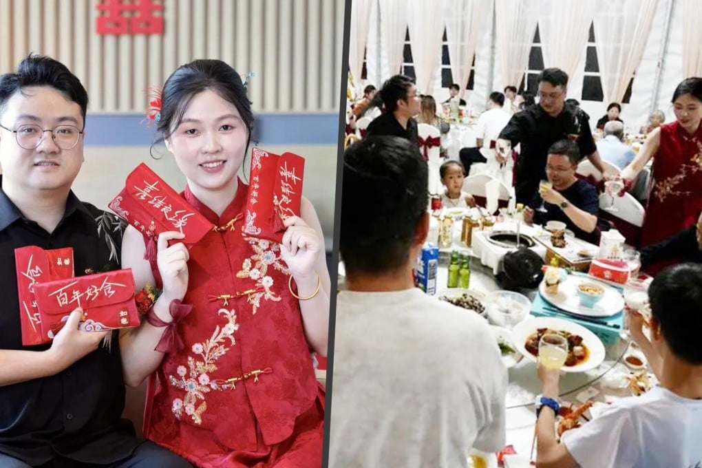 Instead of traditional wedding-day splurges, a Ningbo couple skipped the extravagance and poured their 70,000 yuan (US$11,000) budget into top-tier food and generous cash red envelopes for their guests. Photo: SCMP composite/Weibo