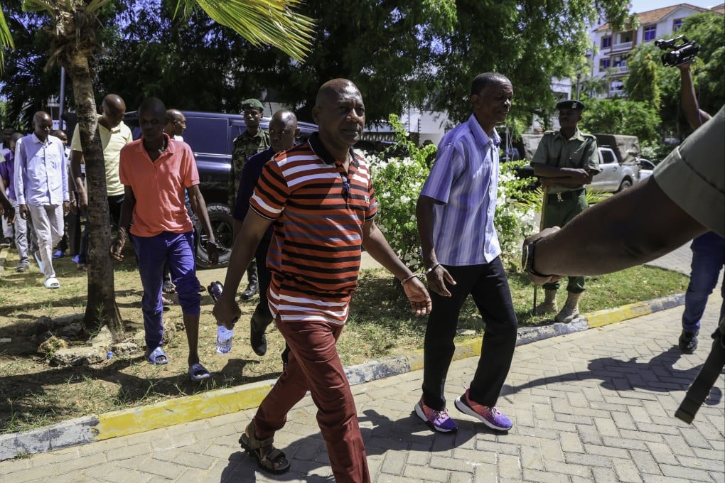 Self-proclaimed pastor Paul Mackenzie (middle) along side his co-accused seen during their murder trial judgment at the Mombasa Law Courts in Kenya on Monday. Photo: EPA