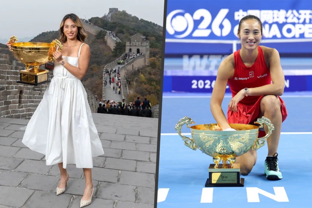 Chinese tennis star Zheng Qinwen faces online criticism after posing with her China Open trophy on the Great Wall in a white dress and high heels. Photo: SCMP composite/Weibo