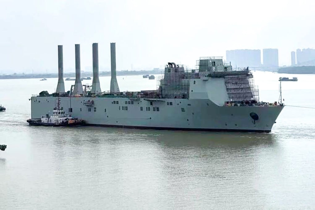 A vessel spotted on the Pearl River features conspicuous vertical structures at the stern that naval analysts believe could be used to lower large underwater drones into the water and recover them. Photo: Handout