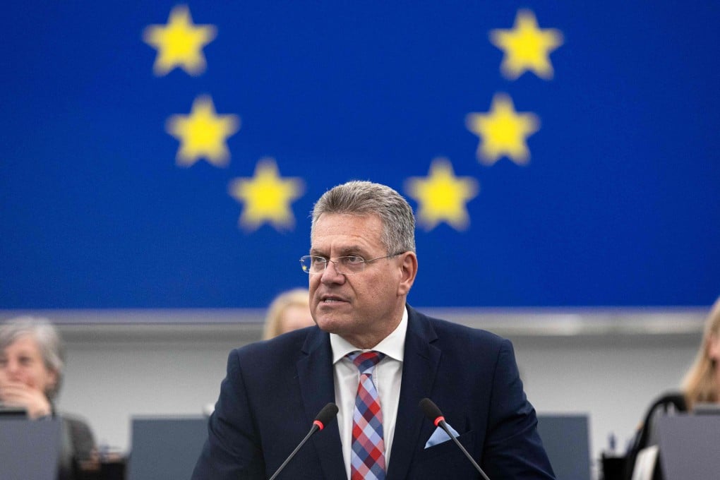 EU trade commissioner Maros Sefcovic addresses the European Parliament in Strasbourg on Tuesday. Photo: AFP