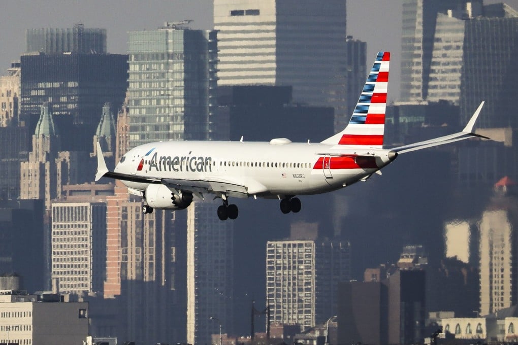 An American Airlines Boeing 737 Max 8 lands at LaGuardia Airport on Monday morning on a flight from Miami to New York City. Photo: AFP