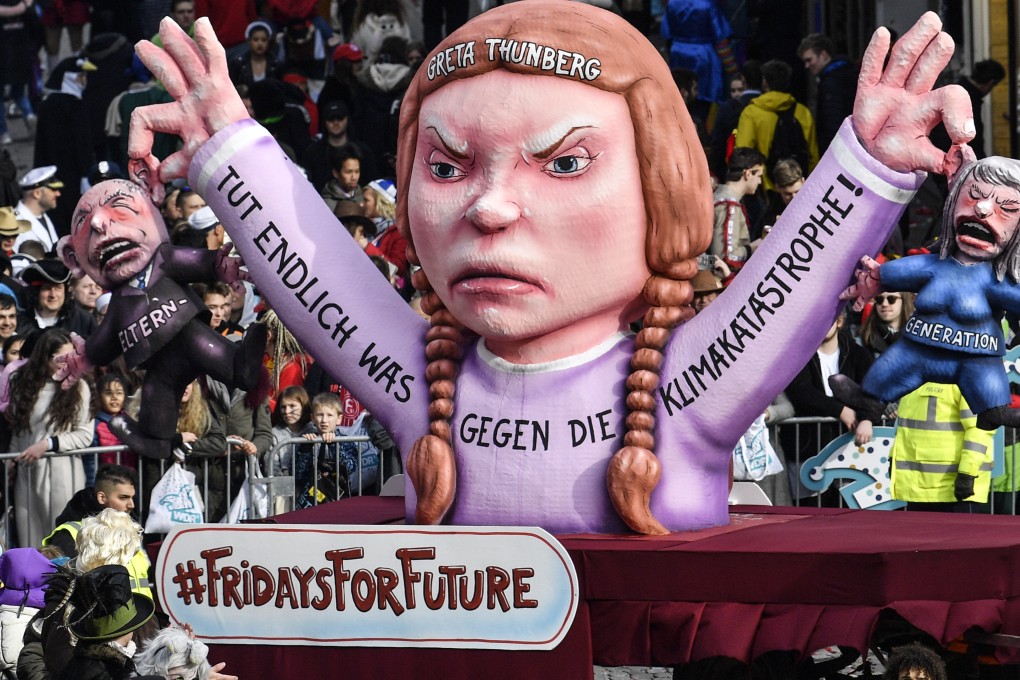 A carnival float depicts the school strikes ‘Friday for Future’ with Greta Thunberg during a traditional carnival parade in Düsseldorf, Germany, on March 4. Photo: AP