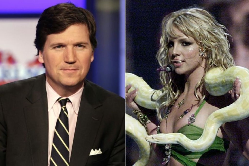 Fox News host Tucker Carlson and singer Britney Spears. He called Spears and Paris Hilton “the biggest white whores in America”. Photos: Fox News / AFP