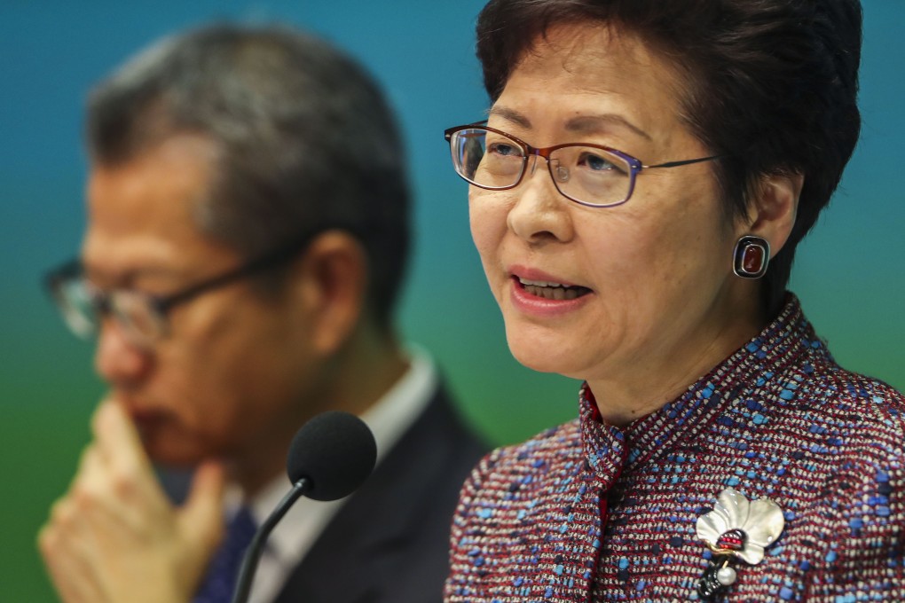 Hong Kong Chief Executive Carrie Lam Cheng Yuet-ngor and Financial Secretary Paul Chan Mo-po attend a press conference last year. Public expenditure is expected to reach 21.6 per cent of GDP in 2019-2020, a new high for the city. Photo: Winson Wong
