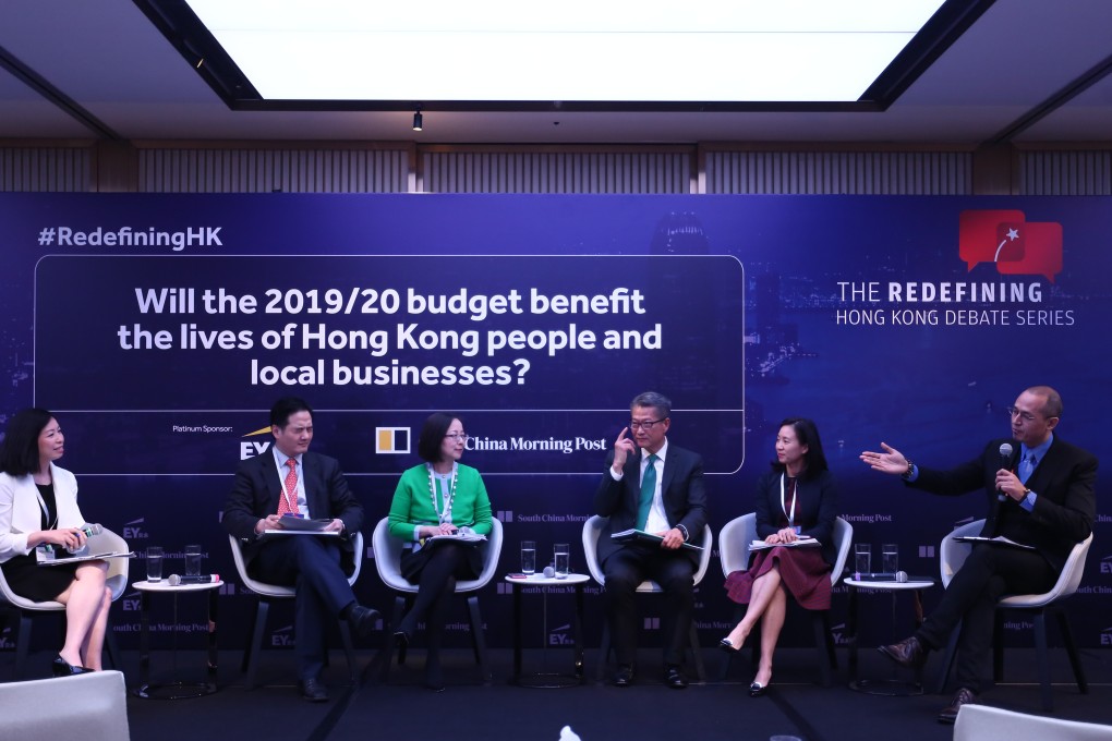 (L-R): Olga Wong, Hong Kong news editor, South China Morning Post; Stephen Wong, deputy executive director, Our Hong Kong Foundation; Agnes Chan, managing partner, EY; Paul Chan, financial secretary; Shirley Yuen, chief executive officer, Hong Kong General Chamber of Commerce; and Yonden Lhatoo, chief news editor, South China Morning Post at the Redefining Hong Kong Debate Series – Budget 2019/20: will the budget benefit the lives of Hong Kong people and local businesses? Photo: Jonathan Wong