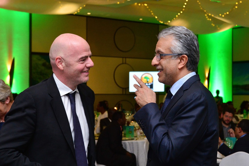 Gianni Infantino (left) and Sheikh Salman al-Khalifa at a function in Rwanda in 2016 as they both vied for the Fifa presidency. Photo: EPA
