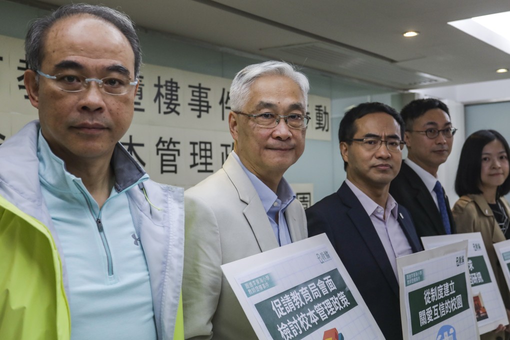 The Hong Kong Professional Teachers’ Union meets the press over the case of a death of a teacher and member. (From left) secondary school physical education teacher Sun Kwok-yu; former principal Lee Fu-sing; union president Fung Wai-wah; Education University senior lecturer Chong Yiu-kwong; and primary school teacher Wong Mo-yee. Photo: Tory Ho