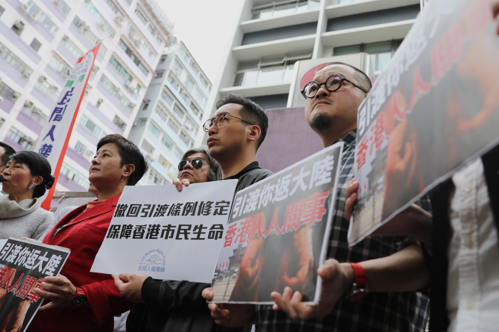 Pan-democrats (left to right): Lawmaker Raymond Chan, Claudia Mo, Helen Wong, ‘Long Hair’ Leung Kwok-hung, Alvin Yeung and Shiu Ka-chun. The group met in Mong Kok to announce renewed resistance to the proposed fugitive law. Photo: Winson Wong