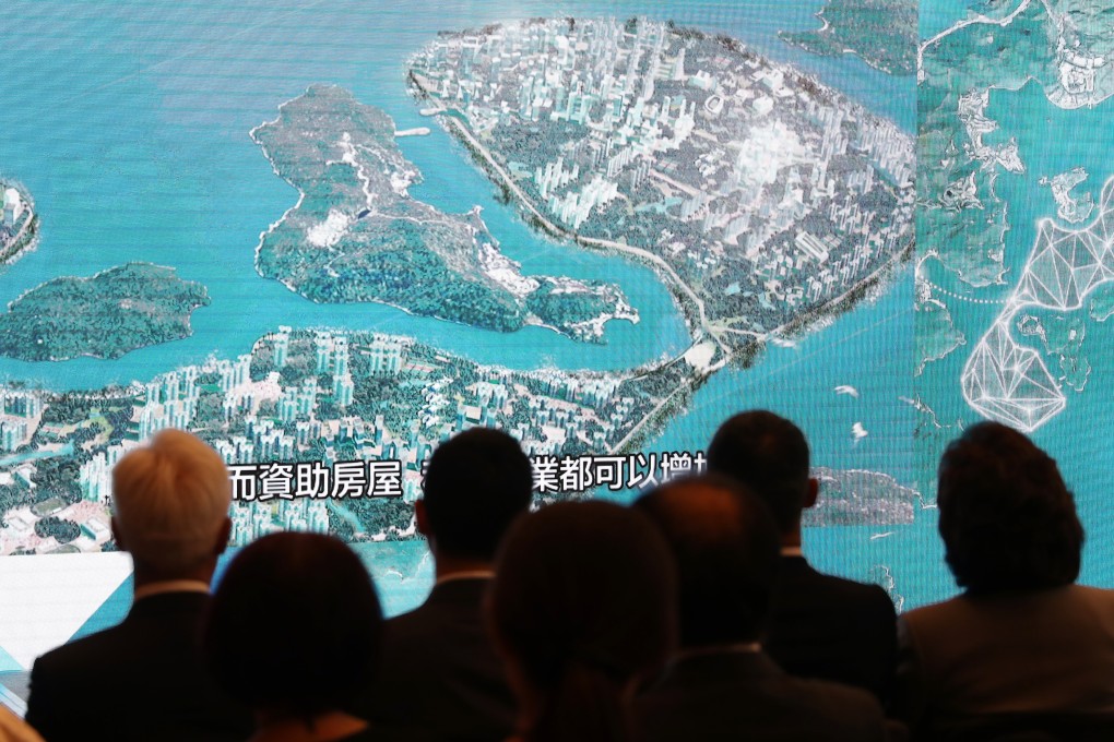 A presentation slide is shown during the Our Hong Kong Foundation press conference on the proposed East Lantau Metropolis project, on August 7, 2018. Photo: K. Y. Cheng