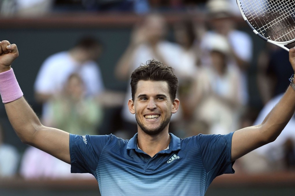 Dominic Thiem of Austria celebrates after defeating Roger Federer of Switzerland in the final at Indian Wells. Photo: AFP