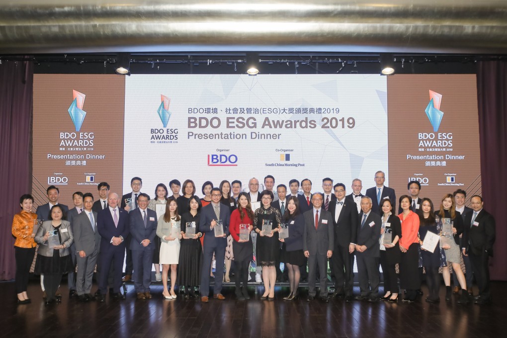 Representatives from all finalist companies of the BDO ESG Awards 2019 with representatives of BDO, SCMP and judging panel at the awards presentation ceremony.