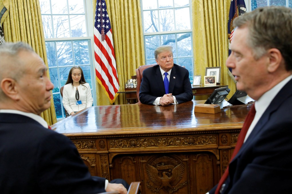 US President Donald Trump with Chinese Vice Premier Liu He and US Trade Representative Robert Lighthizer in the Oval Office on February 22. Photo: Reuters