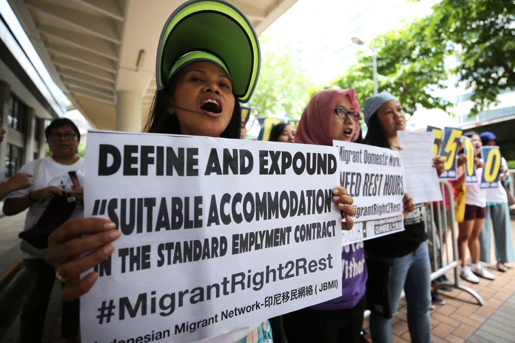 Migrant domestic workers join forces in protest for increased wages and resting hours in Central in August 2018. Photo: Winson Wong