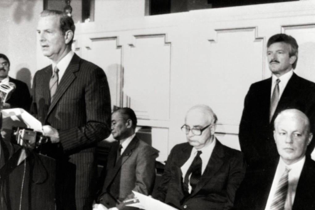 Then US Treasury Secretary James Baker speaks to reporters at New York’s Plaza Hotel in September 1985 at the announcement of the Plaza Accord. Photo: AP