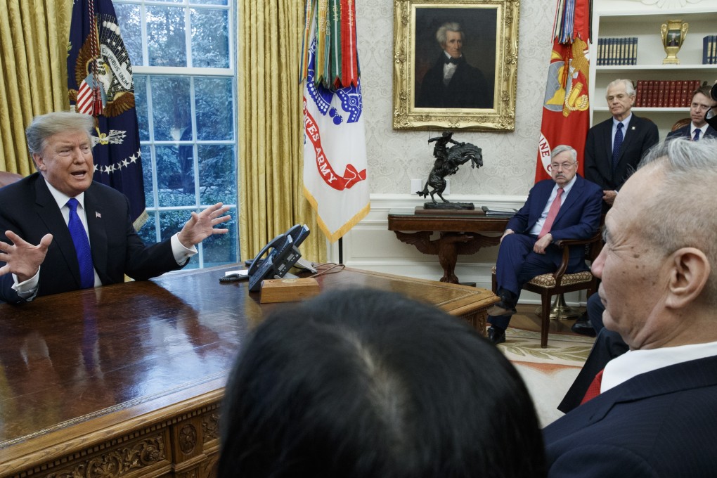 US President Donald Trump speaks with China’s Vice-Premier Liu He after a trade negotiating session in Washington in January. Photo: EPA