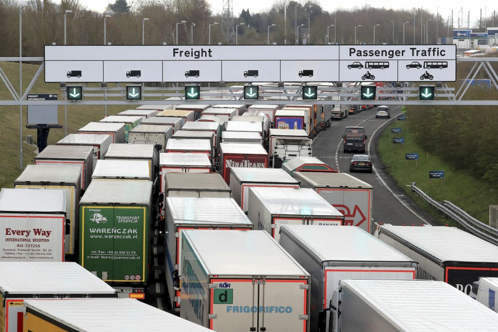 Lorries queue to enter the Eurotunnel in Folkestone during French customs officers’ industrial action on March 19, 2019. Photo: AP