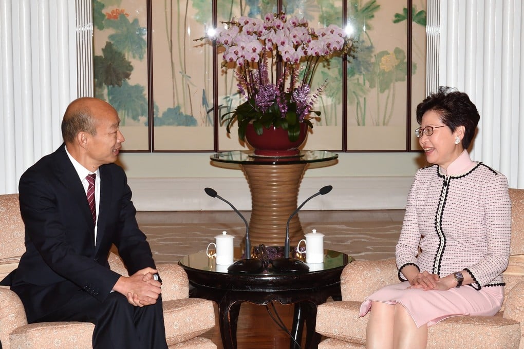Han Kuo-yu (left), the mayor of the Taiwanese city of Kaohsiung, with Chief Executive Carrie Lam at Government House on Friday. Photo: ISD