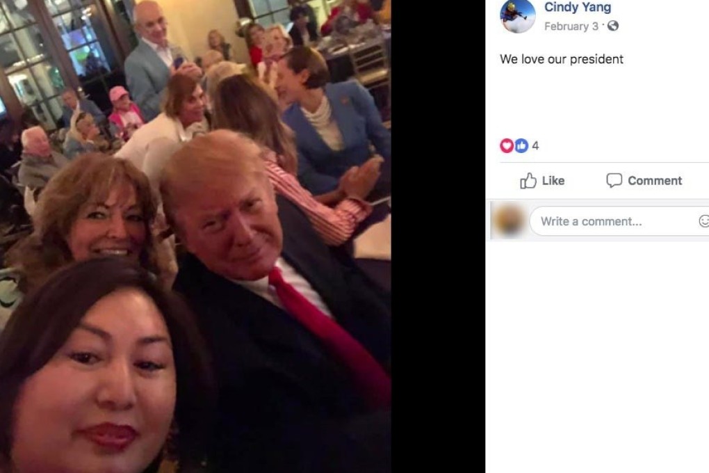 Cindy Yang with US President Donald Trump at a Super Bowl party at Mar-a-Lago on February 3. Photo: TNS
