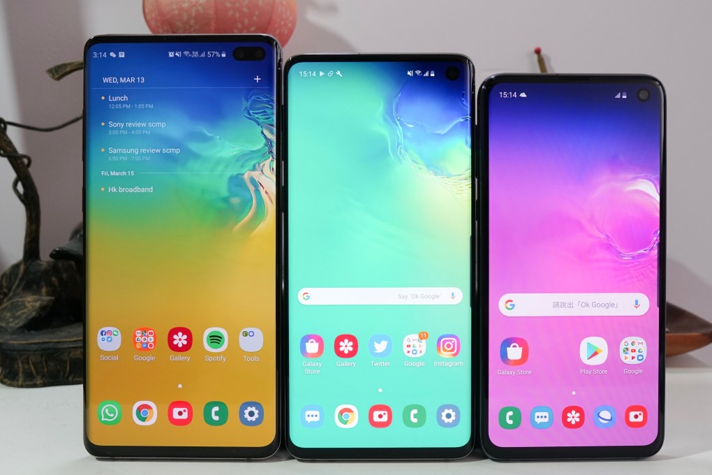 The Samsung Galaxy S10 series from 2019: S10+ (left); S10 (middle) and S10E (right). Photo: Ben Sin