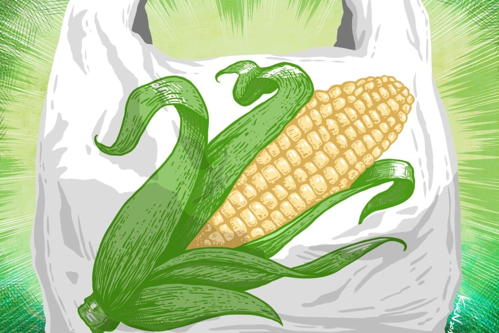 Chinese companies are slowly but steadily increasing their output of biodegradable plastics from agricultural sources such as corn and sugar cane. Illustration by Lau Ka-kuen