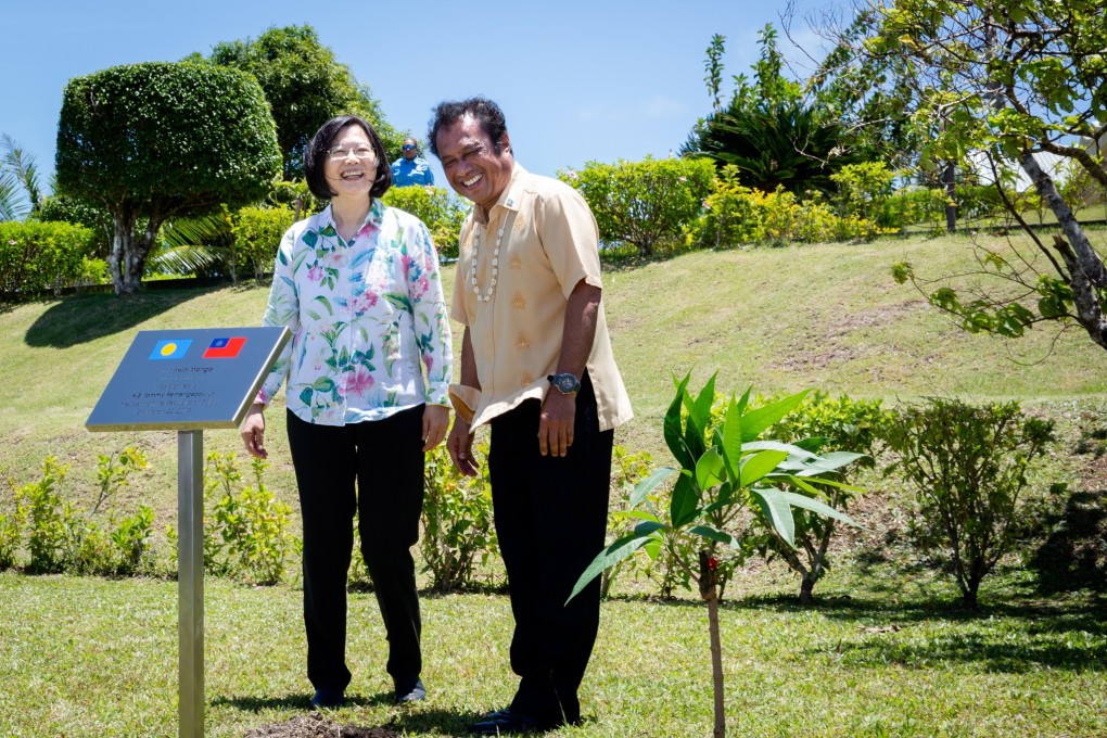 Taiwanese President Tsai Ing-wen is all smiles with Palau’s President Tommy Remengesau during her visit to three Pacific islands. Photo: EPA-EFE