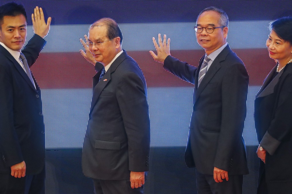 (From left) Lau Ming-wai, Matthew Cheung, home affairs chief Lau Kong-wah and Cherry Tse Ling Kit-ching, permanent secretary for home affairs, attend a ceremony to launch the funding initiatives. Photo: Edmond So