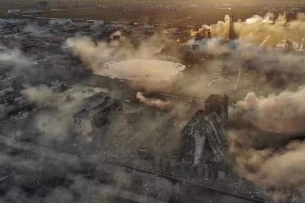 A crater and clouds of smoke dominate the scene after the explosion at Jiangsu Tianjiayi Chemical plant. Photo: Handout