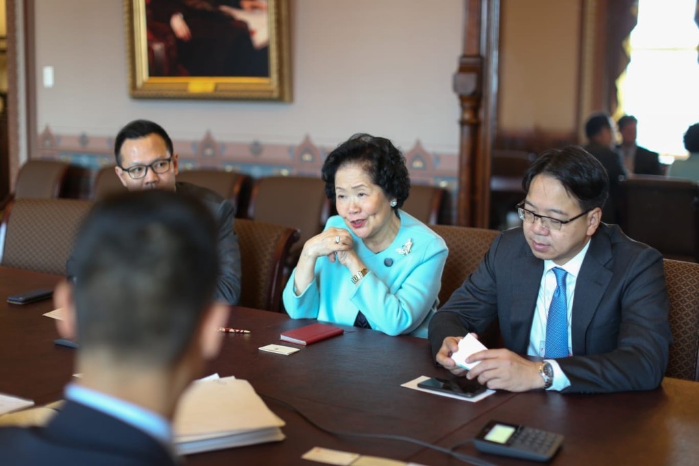 Hong Kong’s former deputy leader Anson Chan, centre, and lawmakers Dennis Kwok, left, and Charles Mok meeting with National Security Council officials in Washington on Friday. Photo: Handout