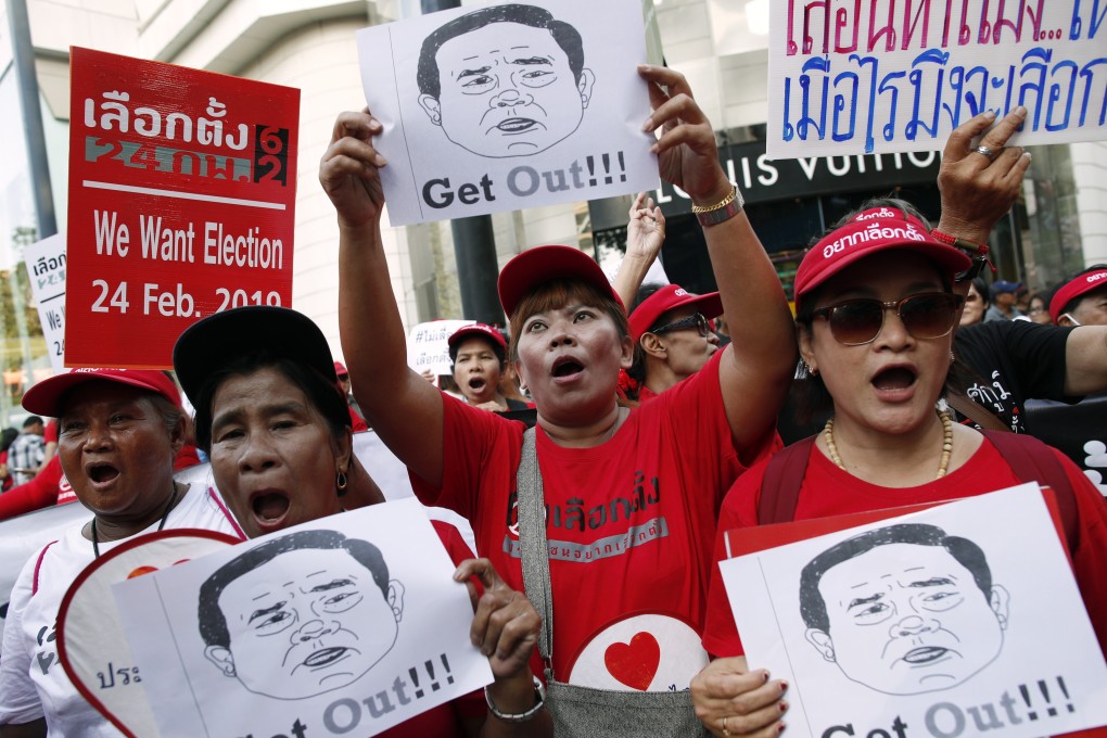 Pro-democracy demonstrators with images of Thai Prime Minister and junta leader Prayuth Chan-ocha. Photo: EPA