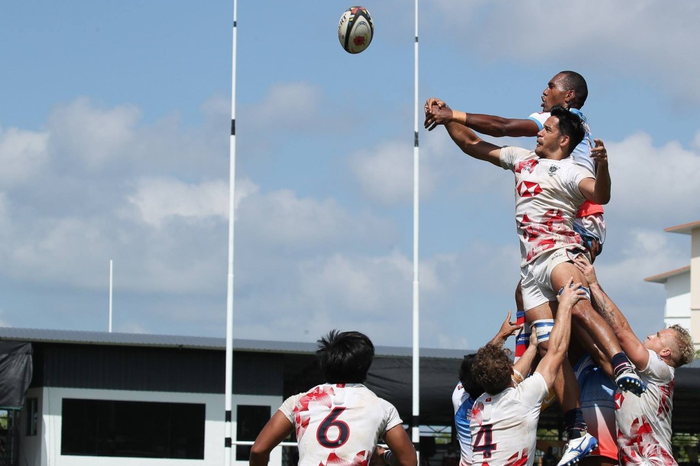 Michael Coverdale contests a line-out against the Sabah Eagles during the Borneo Sevens. Photo: Glenn Guan