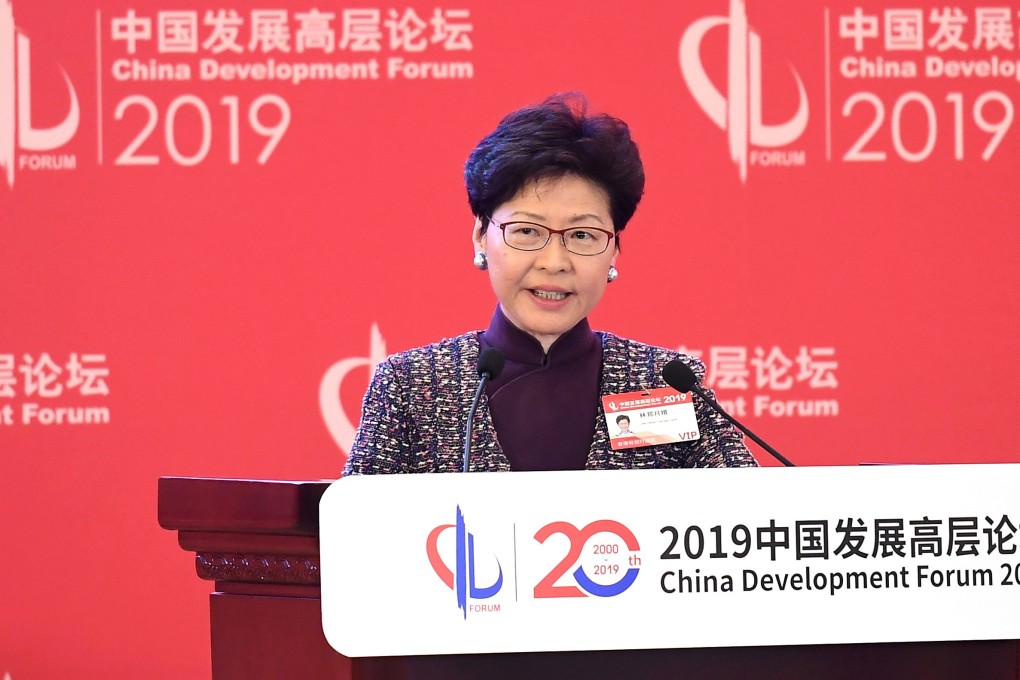Chief Executive Carrie Lam speaks at the China Development Forum in Beijing. Photo: ISD