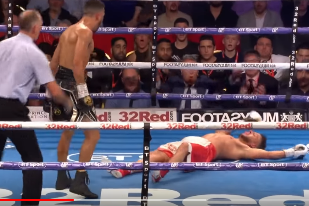 Sam Maxwell stands over Sabri Sediri after knocking him down in the final seconds of their WBO European super lightweight fight in Leicester. Photo: YouTube