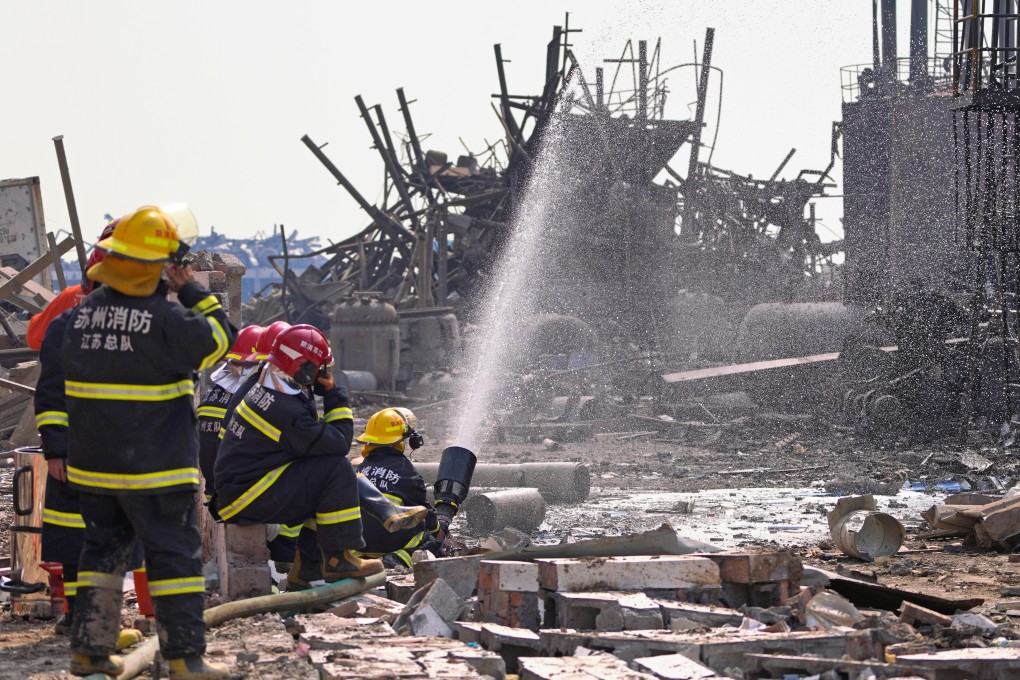 Firefighters work on the rubble of a pesticide plant owned by Jiangsu Tianjiayi Chemical following an explosion in Xiangshui county, Yancheng, Jiangsu province, last week. Photo: Reuters