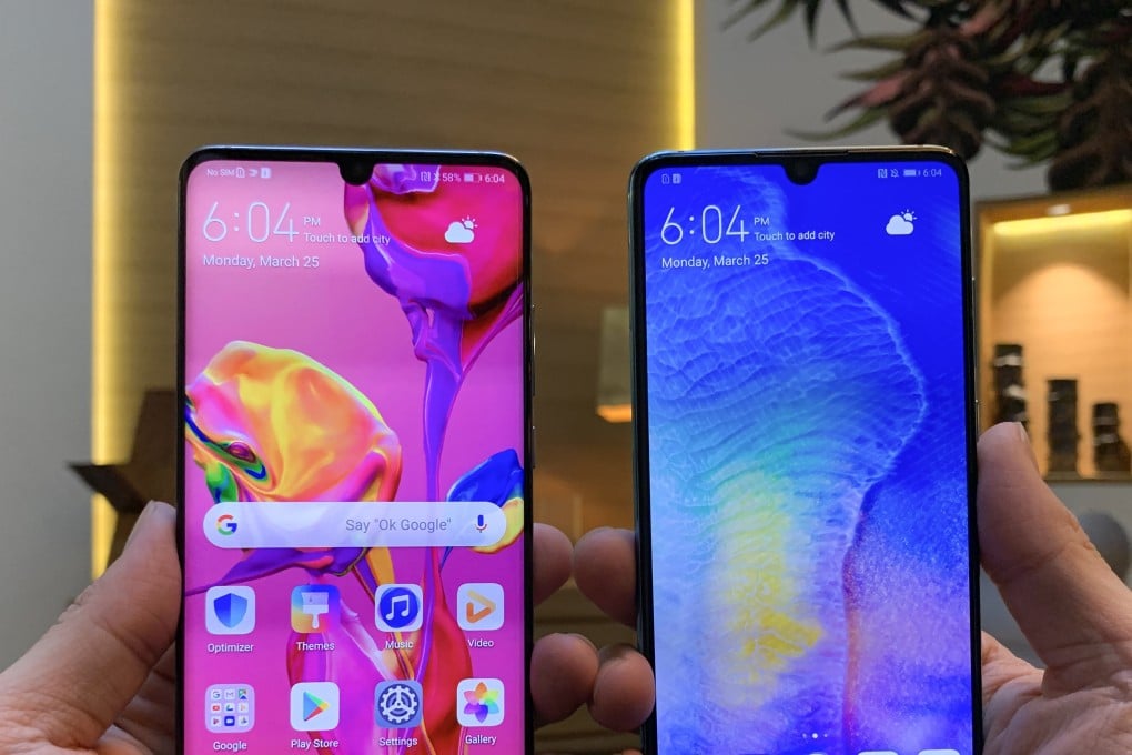 The Huawei P30 Pro (left) and the P30. Both models have an improved triple-lens main camera on the rear that set a new bar for smartphone zoom photography. The P30 Pro has a fourth sensor which functions as a 3D scanner. Photo: Ben Sin