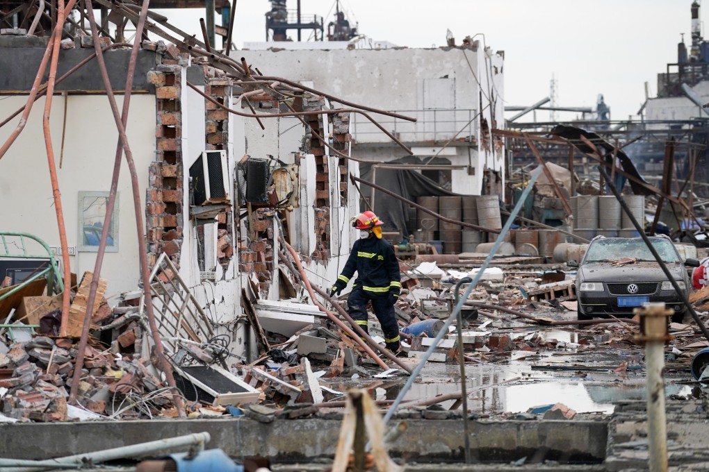 A rescuer works at the site of an explosion at a chemical industrial park in China’s Jiangsu province on March 22. Photo: Xinhua