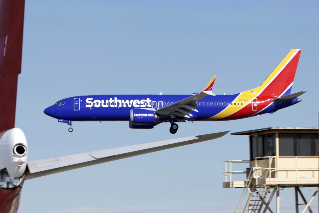 A Southwest Airlines Boeing 737 MAX lands at the Southern California Logistics Airport in the high desert town of Victorville, California, on Saturday. Photo: AP