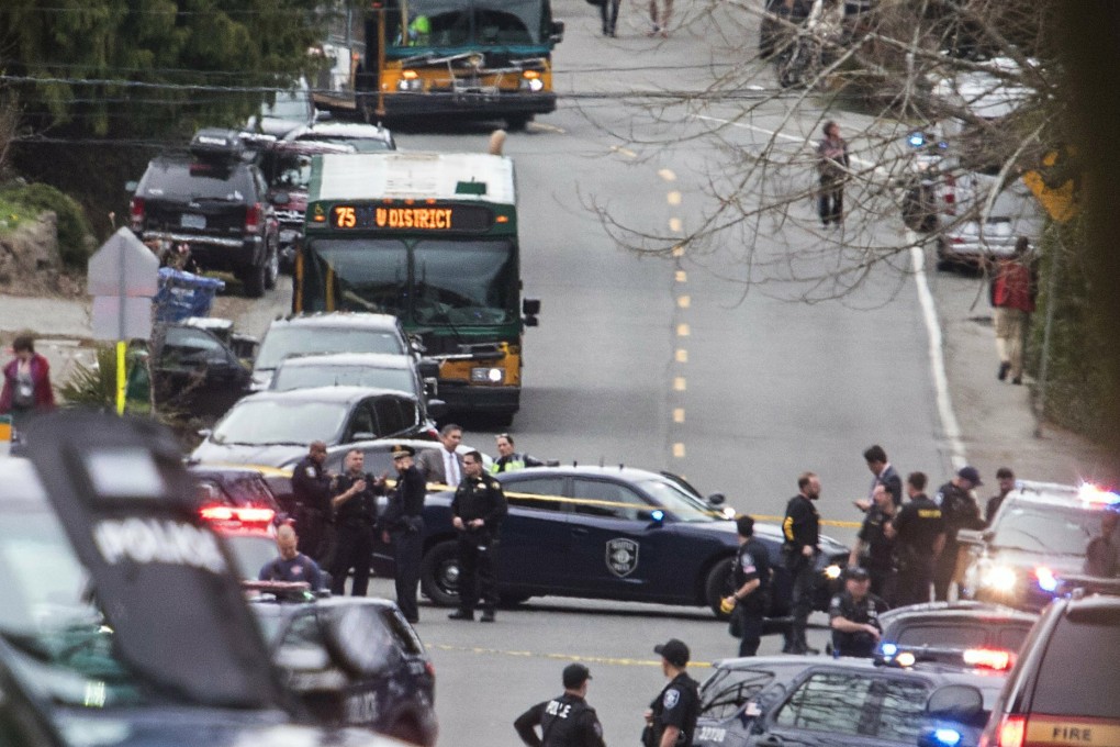 Looking north up Sand Point Way Northeast towards Northeast 123rd Street near the scene of the shooting in Seattle. Photo: The Seattle Times via AP