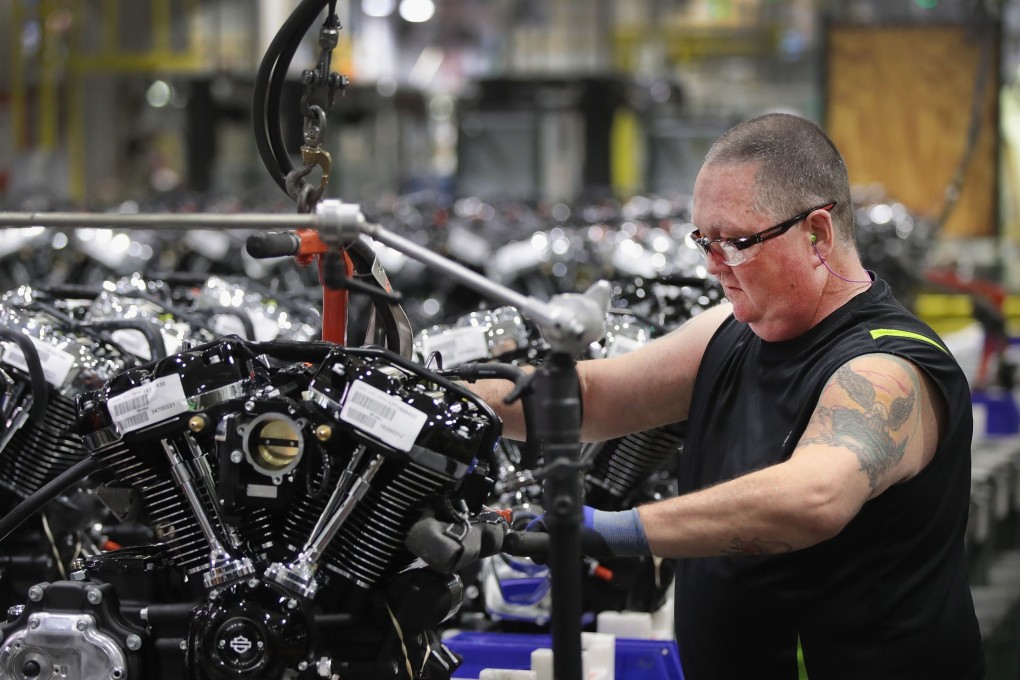 Harley-Davidson motorcycle engines are assembled at the company’s plant in Menomonee Falls, Wisconsin, in June 2018. US manufacturing activity continues to expand. Photo: AFP